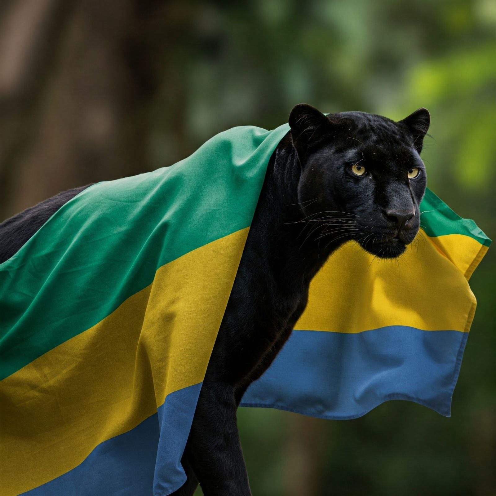 Une panthère noire drapée du drapeau gabonais, emblème de l'association